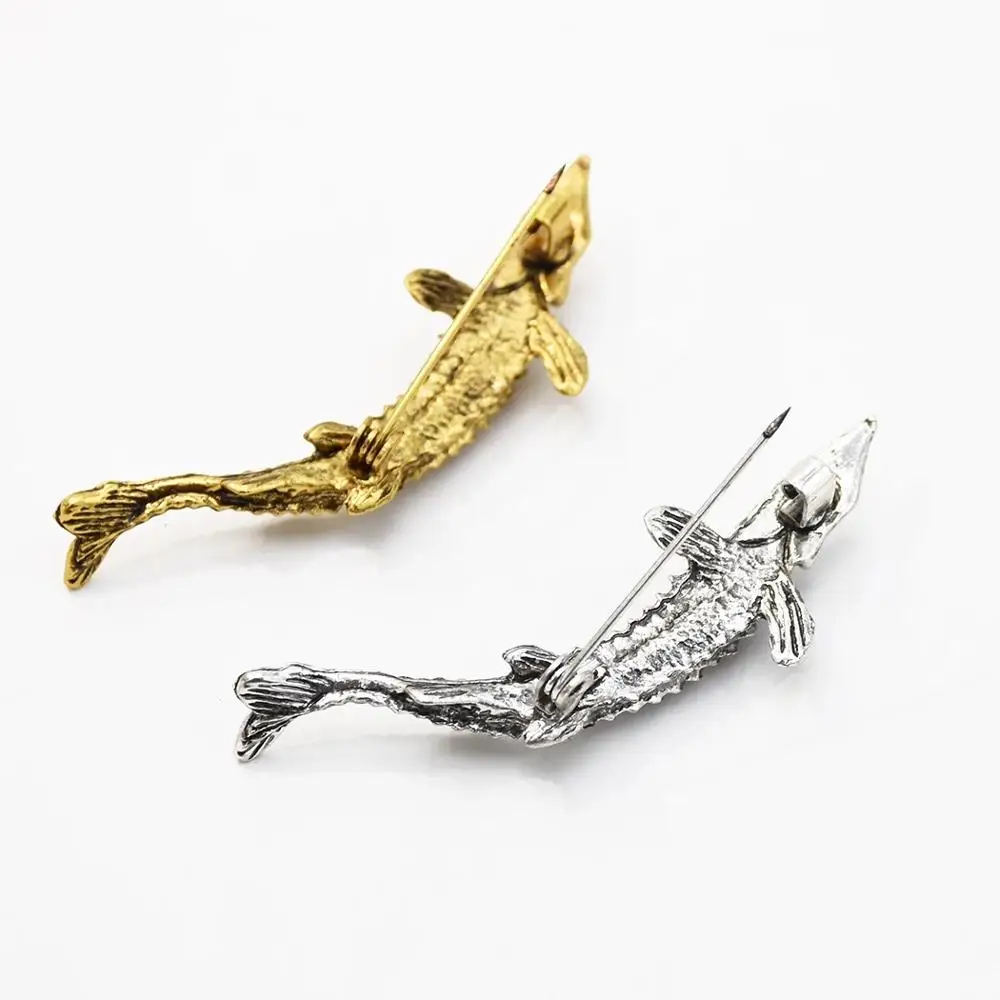 Vintage Gold Fossils Sturgeon Brooches for Women Men's Lovely Retro Fish Brooch Pins Metal Small Badge Suit Jewelry Gift | Украшения и