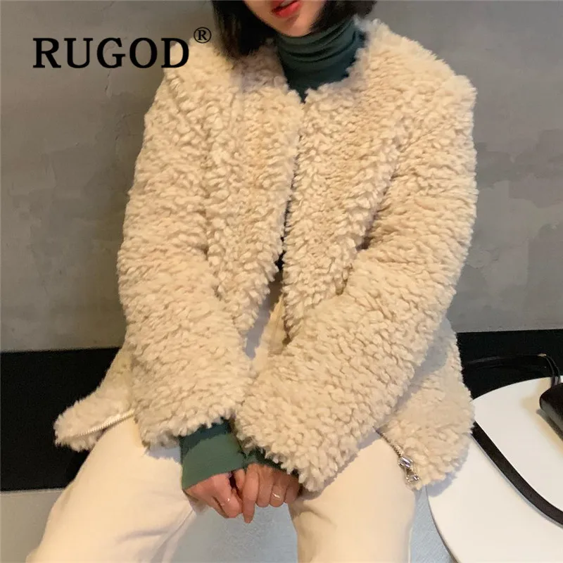 RUGOD женские меховые пальто в стиле Харадзюку с круглым вырезом на молнии, свободная мягкая однотонная верхняя одежда, модные женские теплые куртки, милое шикарное пальто