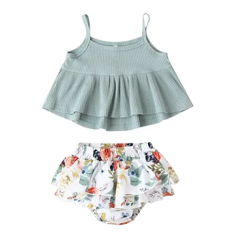 

2020 Baby Summer Clothing Infant Newborn Baby Girl Ruffled Ribbed Sleeveless Vest Tank Top + Floral Shorts 2pcs Set Outfit Suit