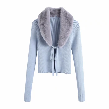 

ZXQJ Fashion Fur Collar Women Coats 2020 Autumn Patchwork Ladies Knitwears Blue Casual Female Sweaters Bow Sashes Girls Chic
