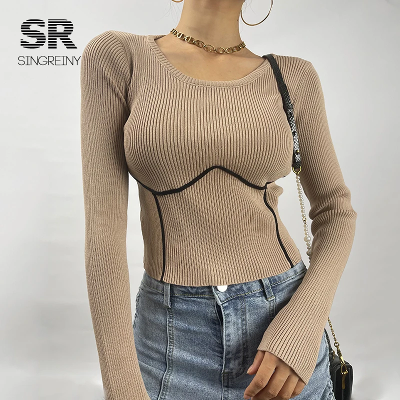 SINGREINY 2021 Women Knitted Sweater Long Sleeves O Neck Solid Elastic Slim Knit Basic Tops Autumn Casual Female Pullovers christmas sweatshirt