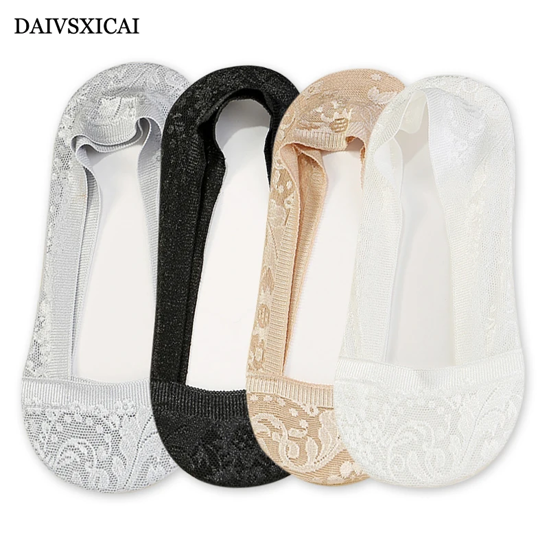 4Pair/lot=8pieces Lace-side Jacquard Shallow Mouth Women Socks Silicone Non-slip Odor-Resistant Female Boat Socks