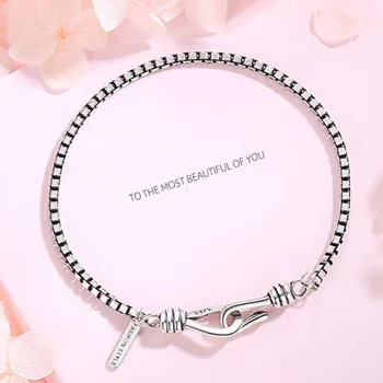 

S925 Sterling Silver Vintage Bracelet Personalized Letters Tag Box Chain distressed Simple Silver Women