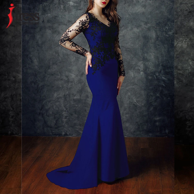 IDress High Quality Elegant V Neck Evening Mermaid Wedding Party Dress Sexy Lace Patchwork Dress Full-Length Maxi Long Dress (13)