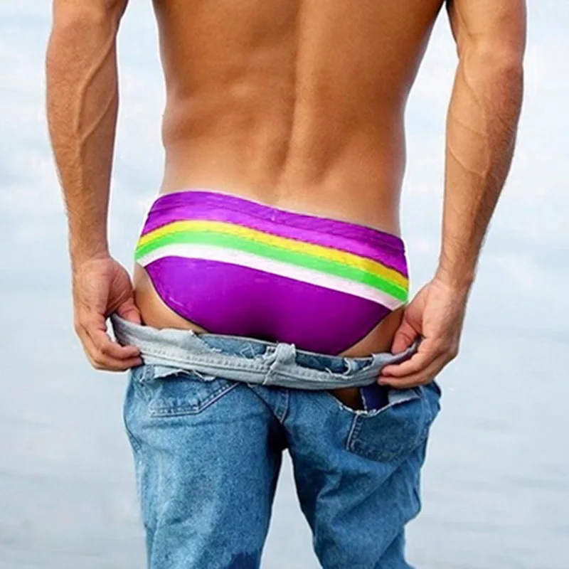 

Swimwear Bikini Briefs for male Men's Brief Swimsuit Low Rise Beach Colorful Stripe briefs Surf Shorts