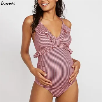 

bunvel Maternity Swimsuit Cross Ruffle Striped Pattern Pregnancy Beach Wear Bikini Plus Size Sexy Push Up Swimming Suit