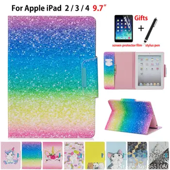 

Case For Apple iPad 2 3 4 Cover Funda Tablet Silicone PU Leather For iPad2 iPad3 iPad4 Fashion Painted Stand Skin Shell +Gift