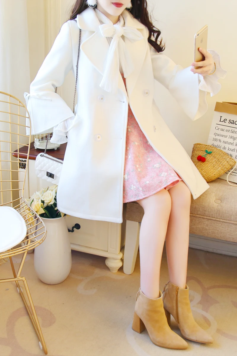 1000 Woolen Overcoat Women's Mid-length Korean-style New Style Bell Sleeve Sweet Bow Pink Woolen Jacket