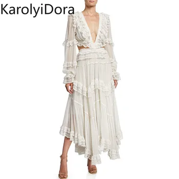 

2020 Spring Summer Women Sexy V Neck Backless Overlapping Bandage White Chiffon Dress Elegant Lantern Sleeve Ruffles Beach Dress