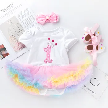 

Infant Clothing Sets Baby Girl 1st Birthday Party Tutu Outfit Rainbow Color Cartoon Princess Dress Headband Little Girl Clothes