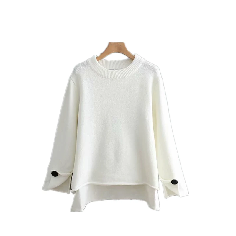 Fashion Casual Women Grey O-Neck Knitwear Jumpers Ladies 2019 Za Button Sleeve White Sweater Boyfriend Wind Knitted Pullovers | Женская