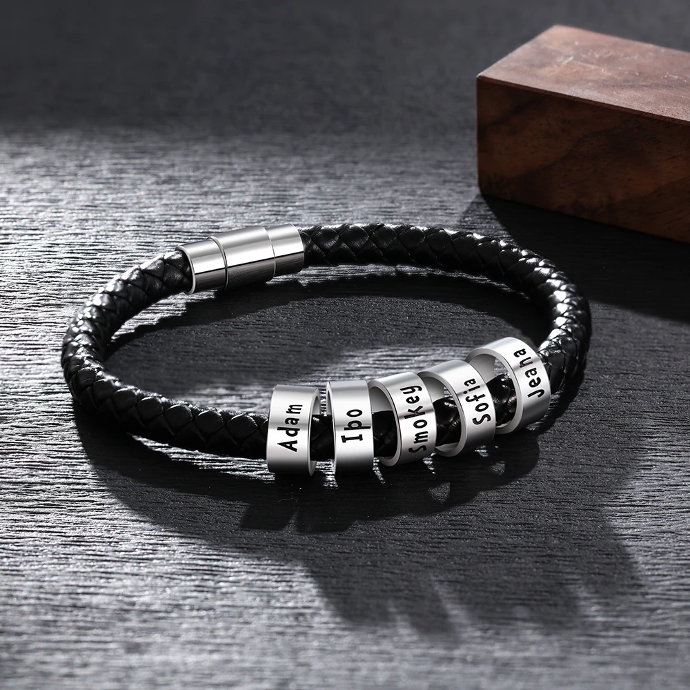 

Personalized Engraved Name ID Bracelets For Men Custom Beads Braid Rope Bracelets & Bangles with Magnetic Clasp Gifts for Him