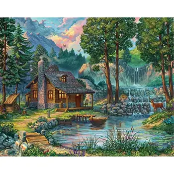 

Diamond painting cross stitch Forest house landscape Full Square round Embroidery Rhinestone Mosaic Art picture Stream scenery