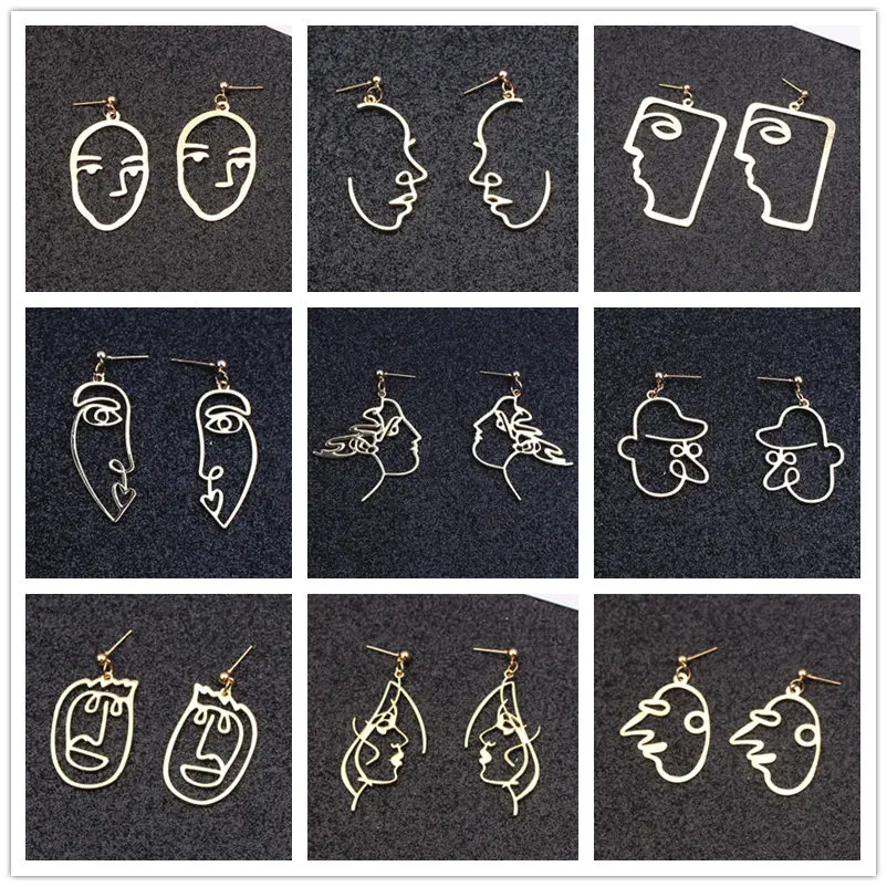 

EK420 Retro Metal Alloy Fashion Abstract Hollow Out Face Dangle Earrings 2019 Statement Earrings Girls Multiple Choice Earrings