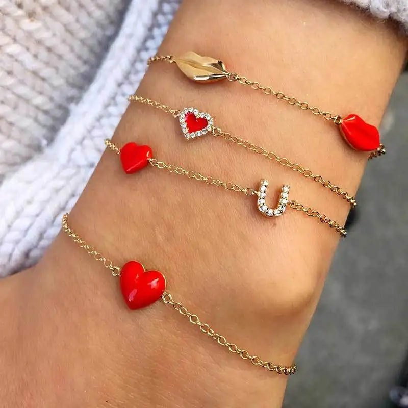 

Multi Layer Red Lips Heart Letters Chain Bracelets Sets For Girls Woman Fashion Jewelry Gifts Summer Holiday-YS