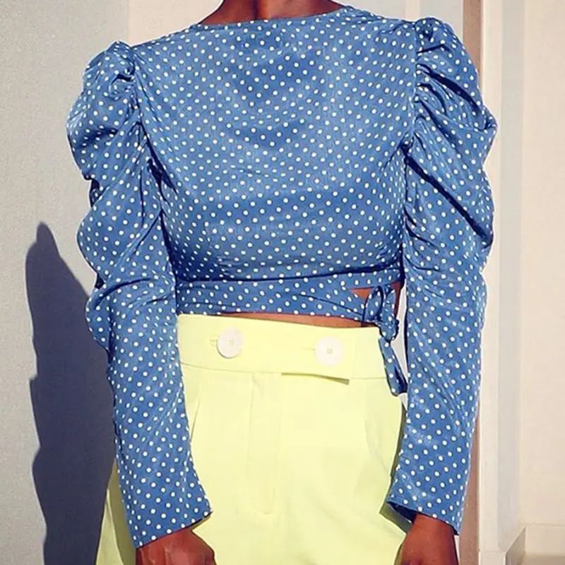

2019 Autumn Puff Long Sleeve Blue Polka Dot Print Crop Top Women Round Neck Blue Vintage Fall Plus Size Short Blouse Femme