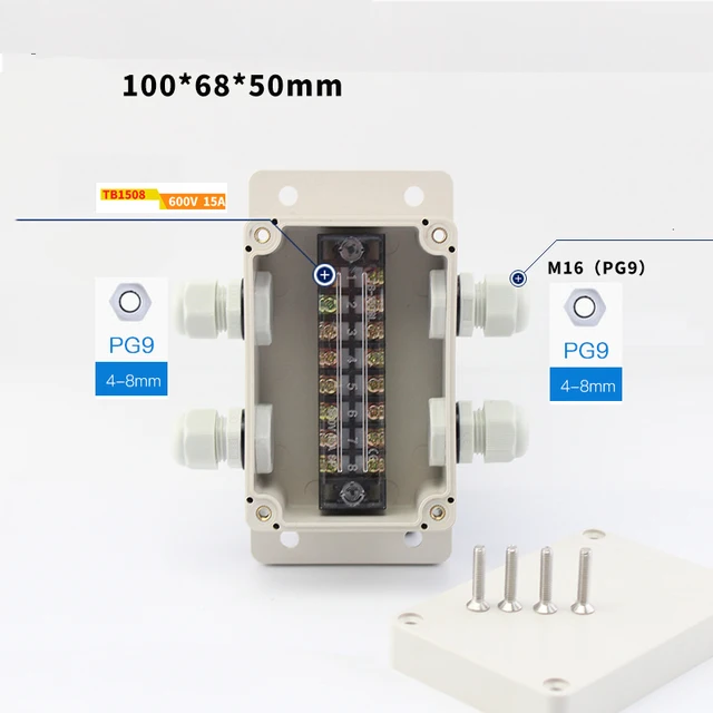 35A 600V 3 Pins Terminal Blocks with Gland Connectors Sealed  Enclosure Case Project Junction Box 100x68x50mm 2in 2out