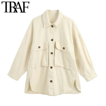 

TRAF Women Fashion Oversized With Pockets Denim Overshirt Vintage Long Sleeve Asymmetric Female Blouses Chic Tops