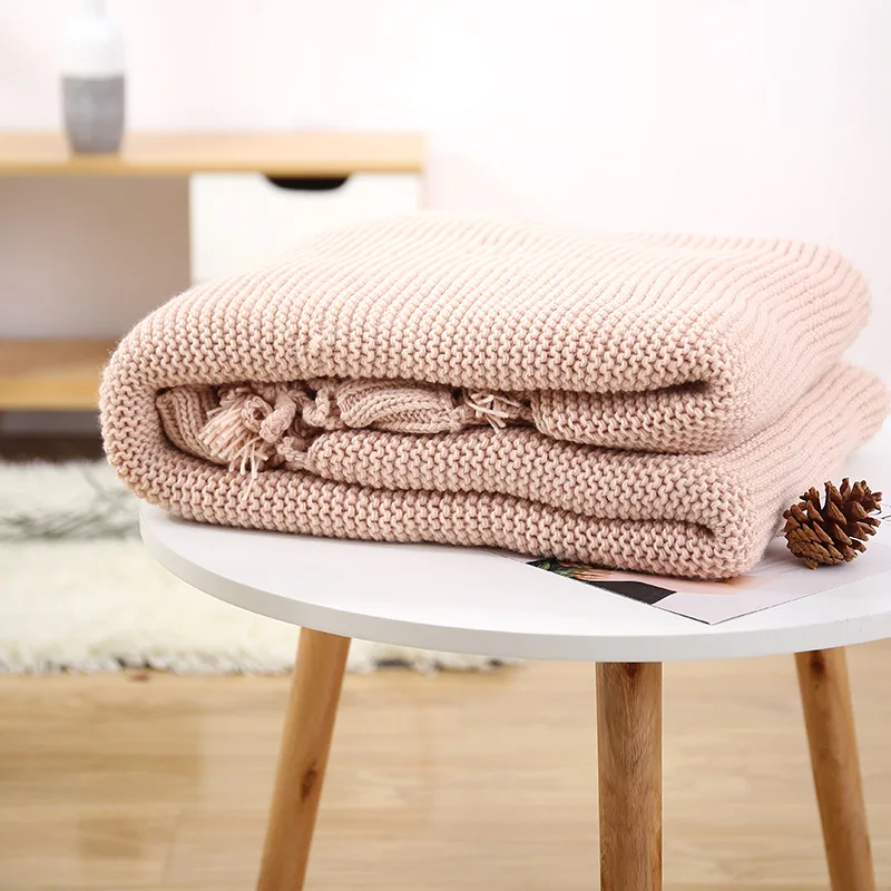 

American-Style Handmade Knitted Thread Blanket Sofa Plaid Throw Knitting Hollow Out Tassels Blanket Solid Color Shawl 125*180cm