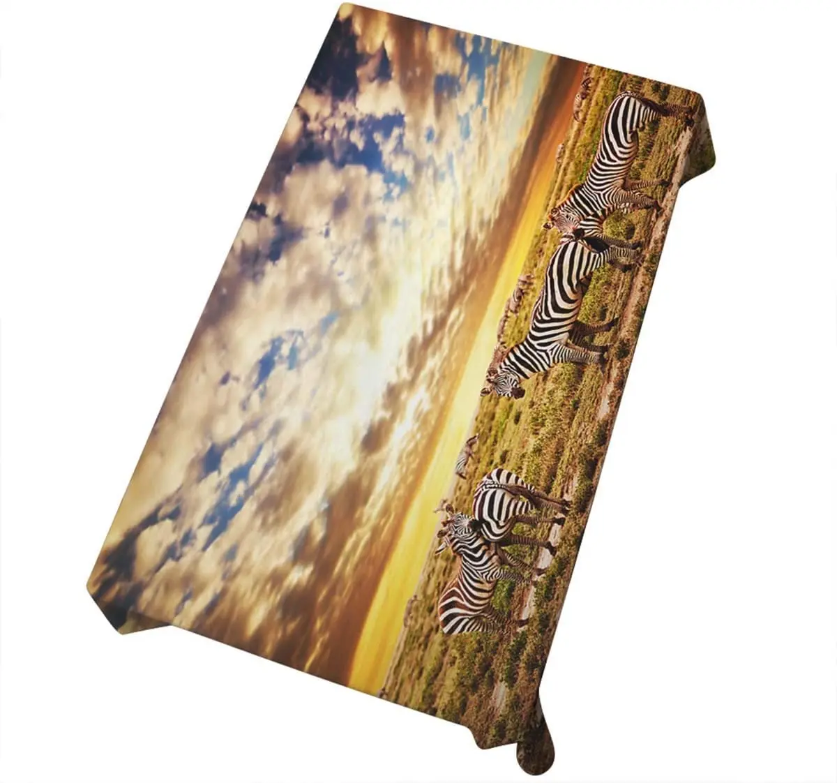 

African Landscape Tablecloth Zebras Herd on Savanna at Sunset Decorative