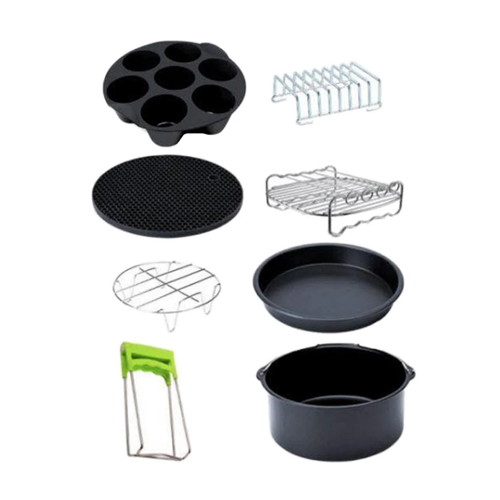 8Pcs Professional Air Fryer Set Chips Accessories Baking Basket Pizza Pan Home Kitchen Cookware Tools