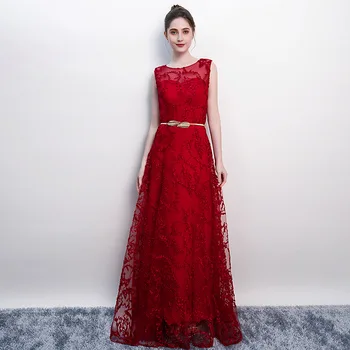 

2020 New The Elegant O-neck Sleeveless Evening Dresses Fashion Wine Red Appliques Party Prom Gown Women Host Slim Long Dress