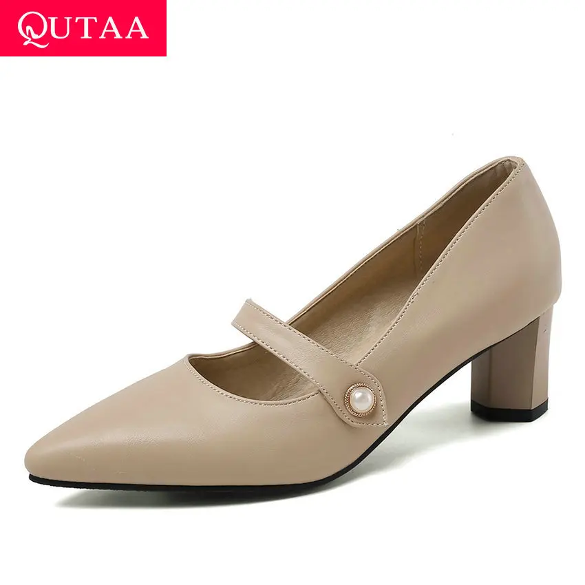 

QUTAA 2020 Sexy Pointed Toe Slip on Women Shoes PU Leather Ladies Pumps Fashion Square Heel Shallow Single Shoes Big Size 34-43