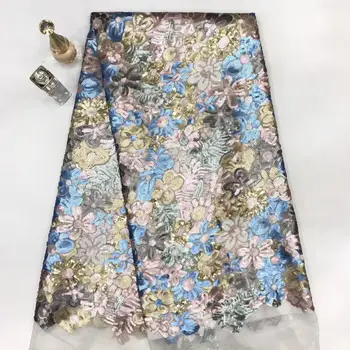 

newest flower embroidered net lace fabric with mul ti color sequins african lace nigeria tulle net fabric for party dress