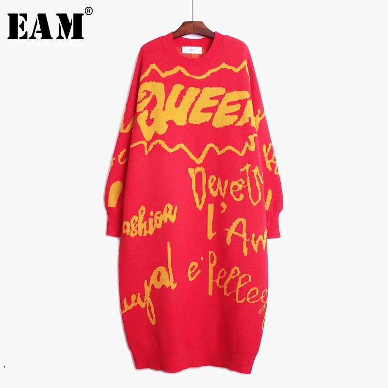 

[EAM] Pattern Printed Loose Big Size Long Knitting Sweater Loose Fit Round Neck Long Sleeve Women New Fashion Autumn Winter 2019