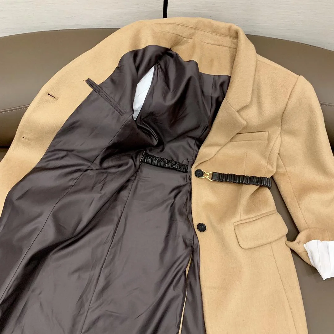 Новые женские высококачественные модные с длинными рукавами однотонный лацкан Пояс шерстяное пальто 0924