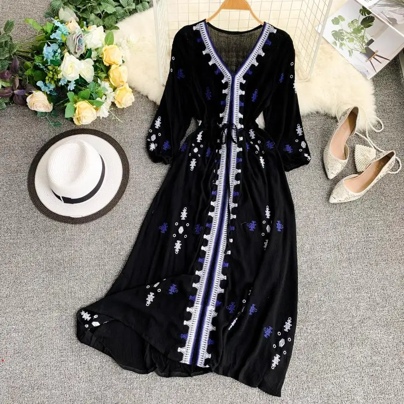 Ethnic Women Boho Beach Dress Long Sleeve V Neck Embroidery Flower High Waist Red Long Holiday Dress
