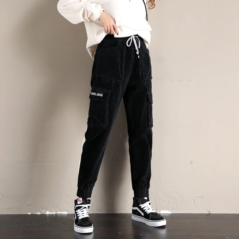 autumn beam feet high waist casual trousers Women's loose pocket harem pants Women's Elastic waist pants Female Corduroy pants