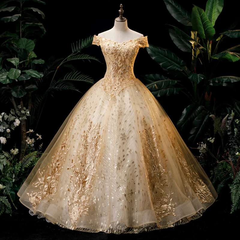 Vestido dourado de quinceanera, com ombro, festa,