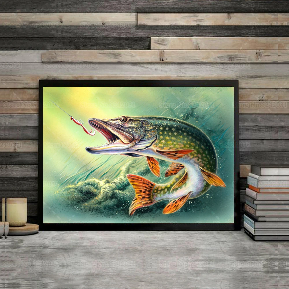 Cool Biting Fish Posters Fishing Canvas Painting for Fishing Lover Gift  Wall Art Decoration