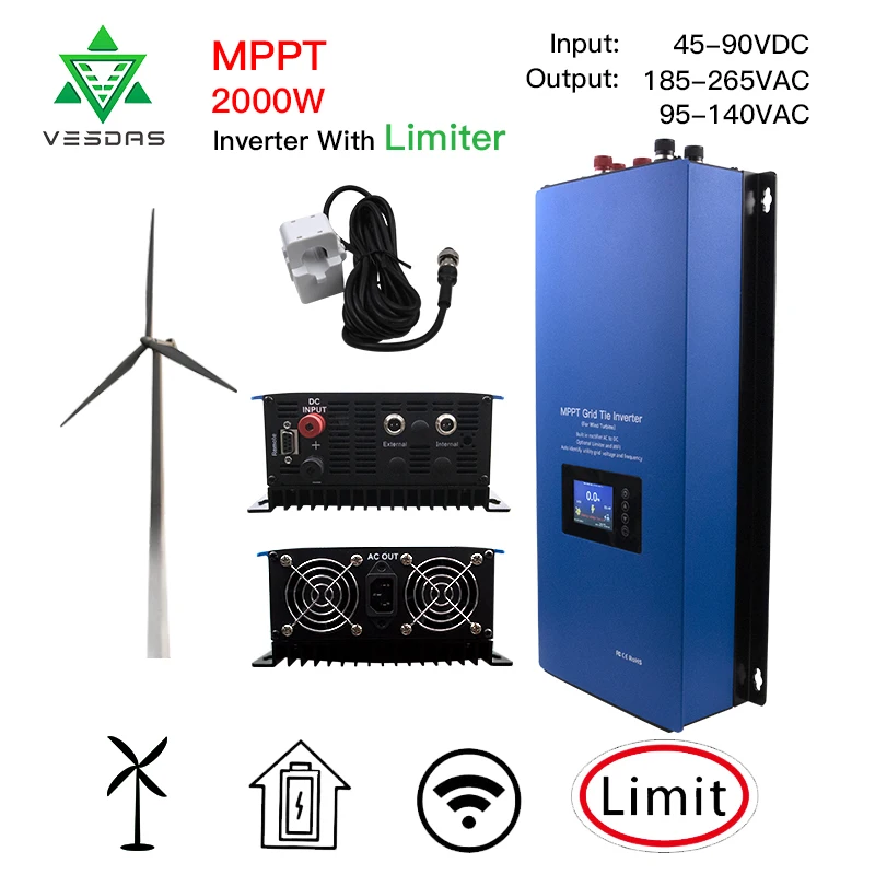 2000W MPPT Wind Power Grid Tie Inverter Pure Sine Wave With Limiter Sensor Dump Load 45-90VDC 230V For wind turbine Generator
