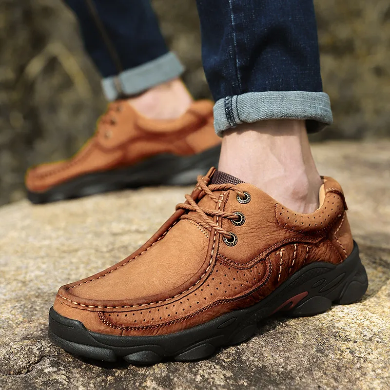 Handmade Genuine Leather Mens Sneakers Walking Driving Breathable Footwear Male Outdoor Leisure Shoes Business Dress Big Size 46