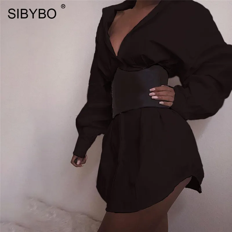 Черный SIBYBO осеннее Хлопковое платье-рубашка с длинным рукавом, женское модное асимметричное свободное мини-платье, белое элегантное женское вечернее платье - Цвет: Черный