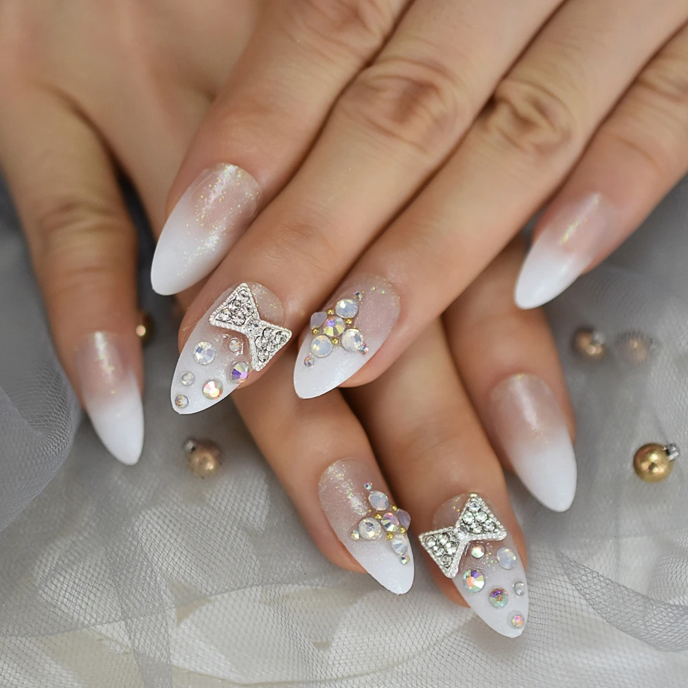 Ombre блестящая искусственная кожа Ongles Белый Французский Типсы шпильки на заказ Deisgner накладные ногти с Стразы Украшение бантом