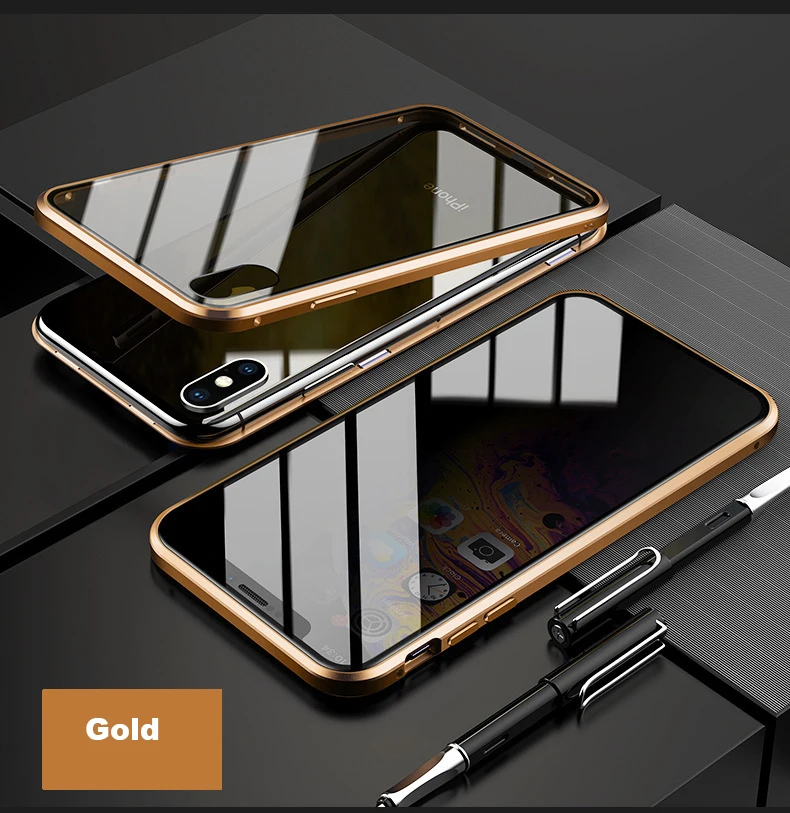 Двойное магнитное закаленное стекло металлический чехол для телефона для iPhone 6S 7 8 Plus 11 Pro XR XS MAX антишпионский чехол для телефона - Цвет: Золотой