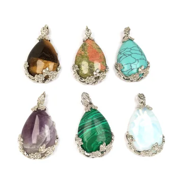 

Natural Flower Shape and Water Drop Shape Semi-precious Stone Pendants for Jewelry Making DIY Fit Necklaces Size 30x40mm