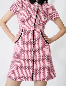 

Runway Elegant Bottons Pockets Party Dress Women A Line Short Dress Knitted Striped Female Summer Ladies Mini Dress Vestido Slim