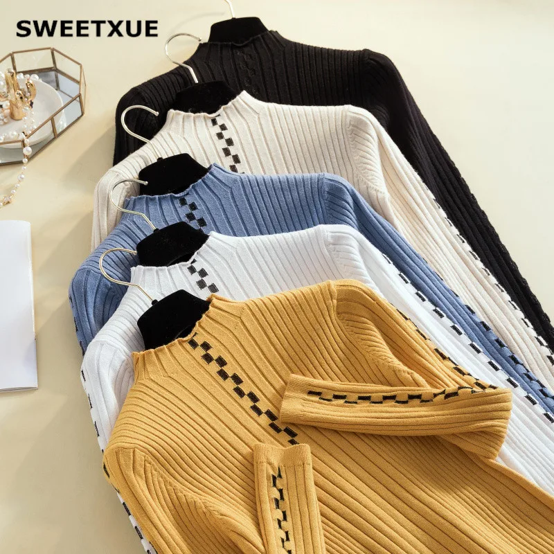 

SWEETXUE Autumn Winter 2019 Fashion Women Long Sleeve Geometric Knitting Pullovers Sweaters Female Office Work Slim Sweater Tops