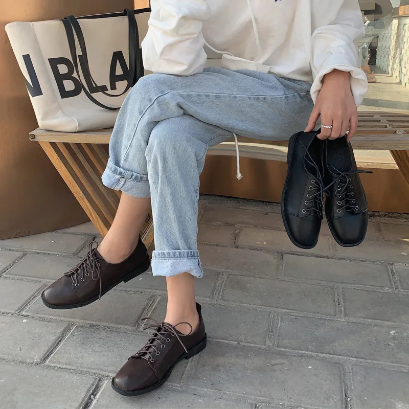 

2020 New Style Black And White with Pattern Small Leather Shoes Women's British-Style Retro Students WOMEN'S Shoes Online Celebr