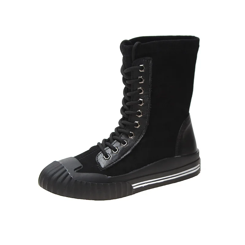 Autumn and Winter New Korean Version of The Belt Elastic Cloth Shell Head Martin Boots Net Red Wild Boots Zapatos De Mujer - Цвет: Черный