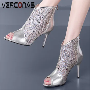 

VERCONAS Women Rhinestones High Quality Thin Heels Cool Boots Sandals Genuine Leather Sweet Back Zipper Thick Heels Shoes Woman