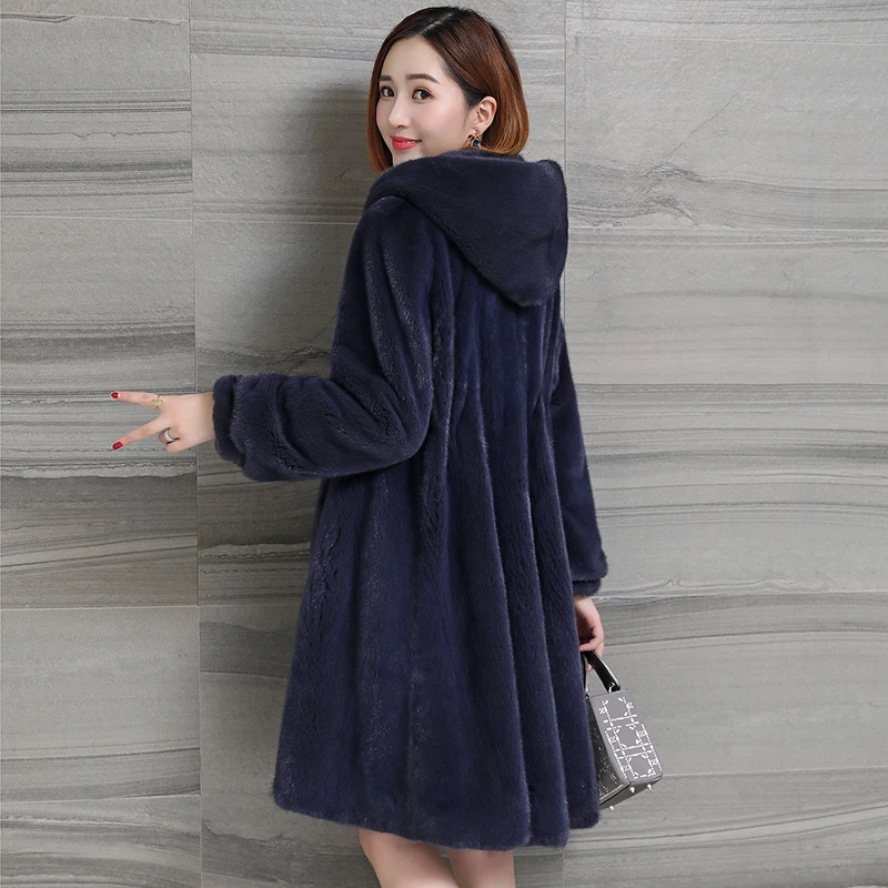 Navy blue Новое зимнее меховое женское импортное Норковое толстое теплое пальто с капюшоном, женская меховая куртка, тонкое длинное пальто - Цвет: Navy blue