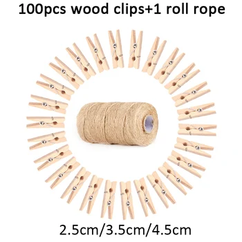 

100PCS Mini Wood Clips 100 Yard Hemp Rope For Party Home Decoration Wooden Clothespins For Photos Paper Wood Pegs 2.5/3.5/4.5cm