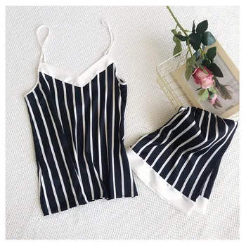 

BZEL New Arrival Silk Satin Women's Pajamas Set Cute Striped V-neck Sleeveless Cami Top and Shorts Sexy Nightwear Sleepwear