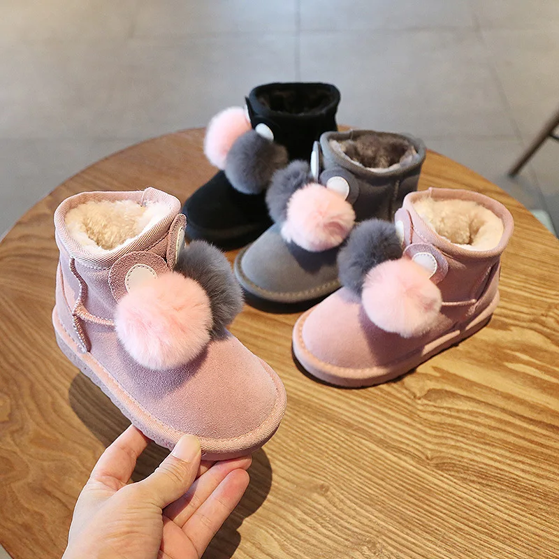 

Hot Selling Boots Korean-style Cute Rabbit Fur Ball Girls Snow Boots Genuine Leather CHILDREN'S Shoes Winter Warm Children Large