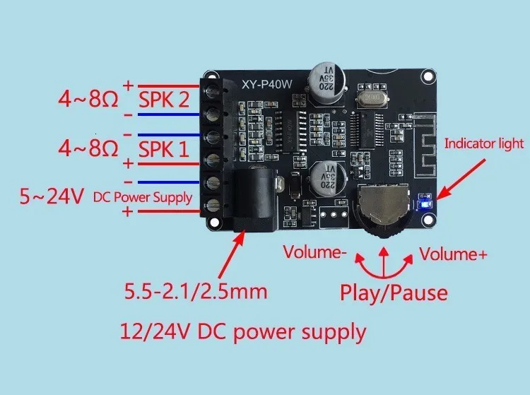 Bluetooth 5,0 стерео аудио усилитель мощности доска 40Wx2 Bluetooth приемник DC 12/24V питания XY-P40W